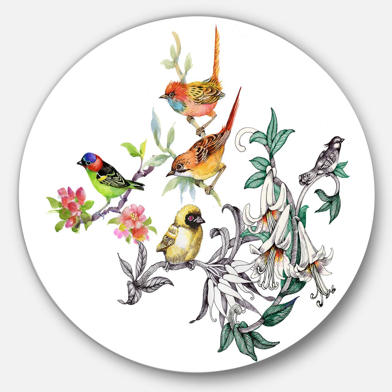 Designart - Tropical Flowers and Birds' Ultra Glossy Birds Metal Circle Wall Art